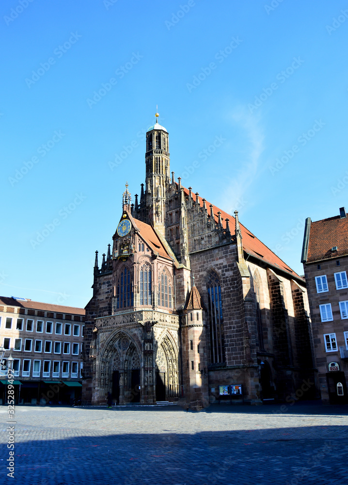 Frauenkirche church at the Nürnberg Hauptmarkt central square in historical Nuremberg town. Imperial, henkersteg.