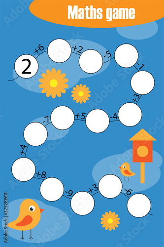 Maths chain game with spring pictures for children, solve it. education game for kids, preschool worksheet activity, task for the development of logical thinking, vector illustration