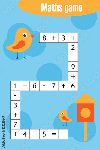 Maths chain game with birds for children, education game for kids, preschool worksheet activity, task for the development of logical thinking, vector illustration