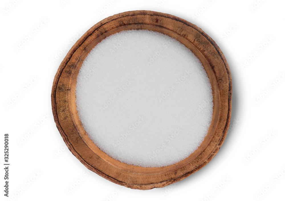 Wooden bowl of natural white refined sugar on white background. Wooden bowl of natural white refined sugar on white background.