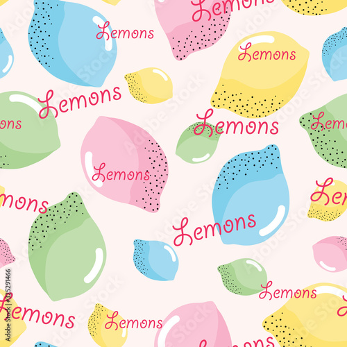 Seamless pattern colorful lemons with text