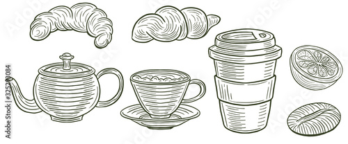 hand drawn tea, croissant and coffee vector