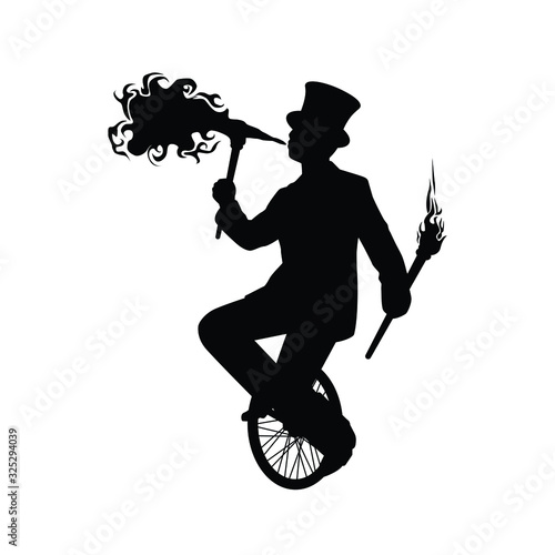 Magician on unicycle silhouette vector