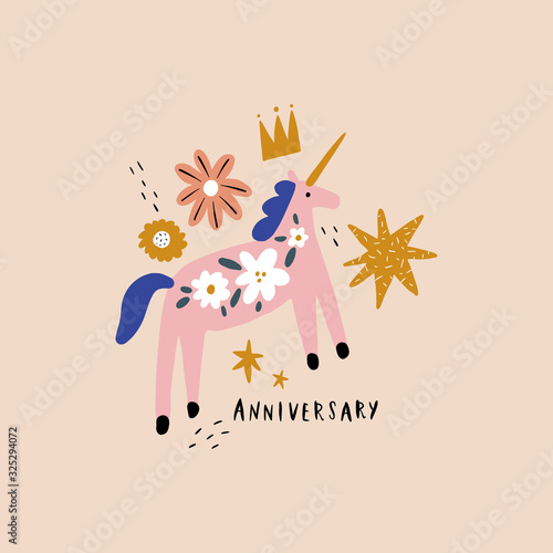 Boho unicorn Birthday Anniversary concept. Folk art horse slovak ornament, swedish style drawing, pastel coloured nordic floral composition, scandinavian flower. Vector