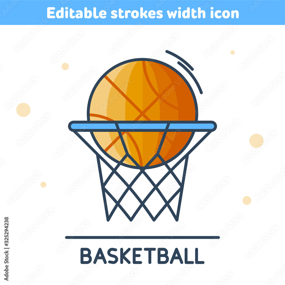 Orange ball in the basket. Outline colorful icon. A linear symbol of school basketball game. Concept of streetball, sport competition, Back to school. Vector illustration with editable strokes width.