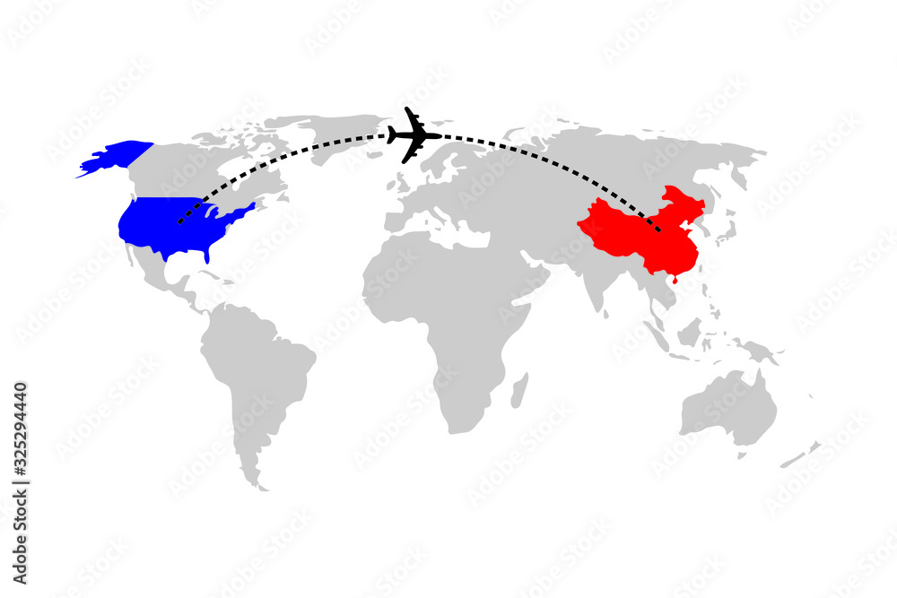 Plane Travel Between USA And China With Doted Line Black Outline plane-travel-between-usa-and-china-with-doted-line-black-outline