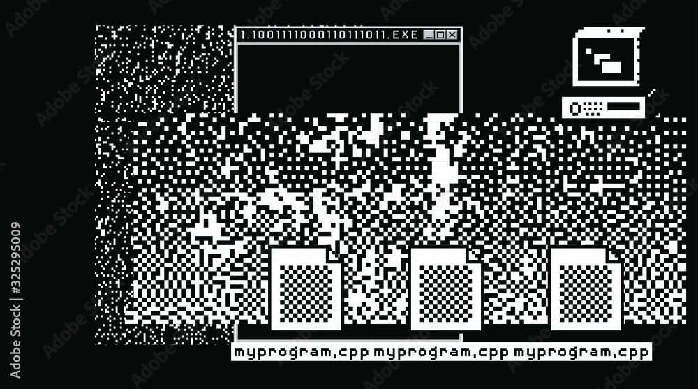 Glitched screen with malware computer program. Pixel art style ...
