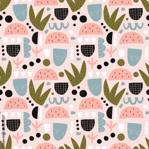 Modern abstract random shapes seamless pattern art. Scandinavian style print. Nordic design for interior and other. Vector EPS