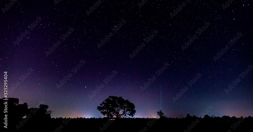 Fototapeta premium Panorama blue night sky milky way and star on dark background.Universe filled with stars, nebula and galaxy with noise and grain.Photo by long exposure and select white balance.selection focus.amazing