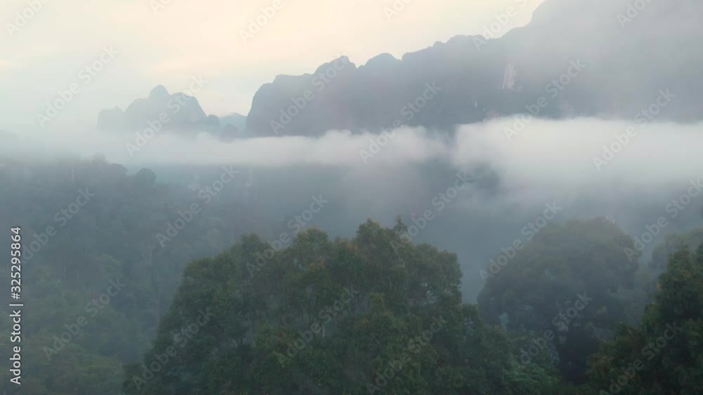 aerial view shot of cloudy rain forest revealing Cheow Larn lake and floating raft houses in Thailand, Khao Sok national park aerial view shot of cloudy rain forest revealing Cheow Larn lake and floating raft houses in Thailand, Khao Sok national park