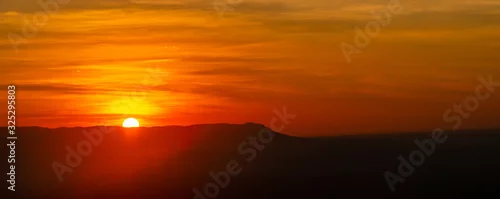 Obraz  z motywem Amazing sunset and sunrise.Panorama silhouette tree in africa with sunset.Tree silhouetted against a setting sun.Dark tree on open field dramatic sunrise.Safari theme.Giraffes African.