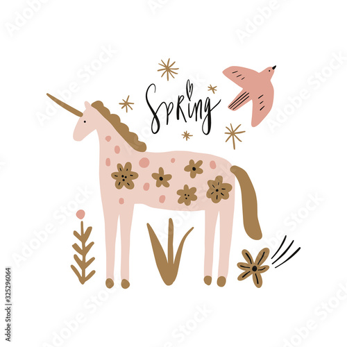 Boho unicorn and bird spring concept. Folk art horse slovak ornament, swedish style drawing, pastel coloured nordic floral composition, scandinavian flower. Vector