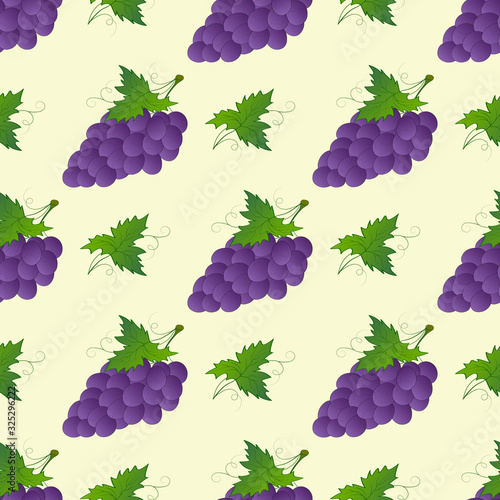 Seamless pattern with branches, leaves, clusters of berries of blue purple wine grapes. Design of packaging, labels, wrapping paper, wallpaper, fabric, textile. Berry pattern beige light background