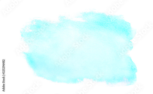 Watercolor brush texture background. Light blue color paint stain splash water pattern on white paper