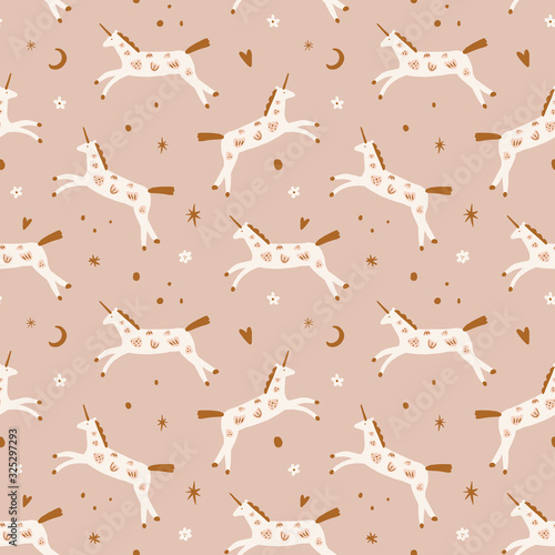Boho unicorn Birthday Anniversary concept. Folk art horse slovak seamless pattern, wrapping paper ornament, swedish style drawing, pastel coloured nordic floral composition, scandinavian flower