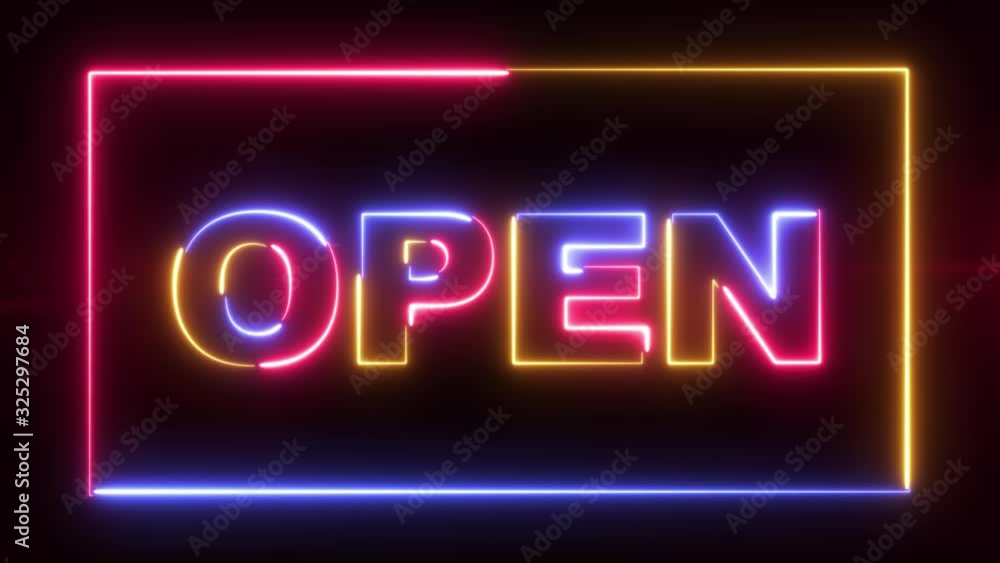 Open vibrant text on colorful illuminated animated signboard Open vibrant text on colorful illuminated animated signboard