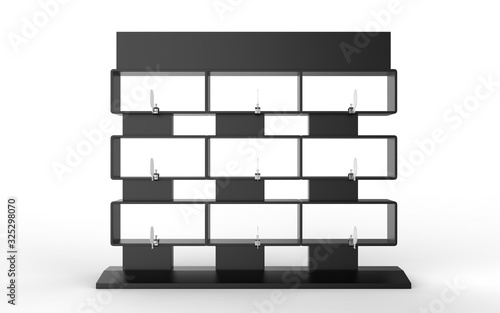 empty shelves with shelf-stopper or Shelf Wobbler on a white background. 3D illustration  photo