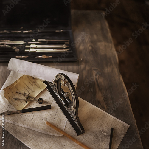 Obraz na plátně drawing tools, concept engineering project vintage / compass pencil paper educat