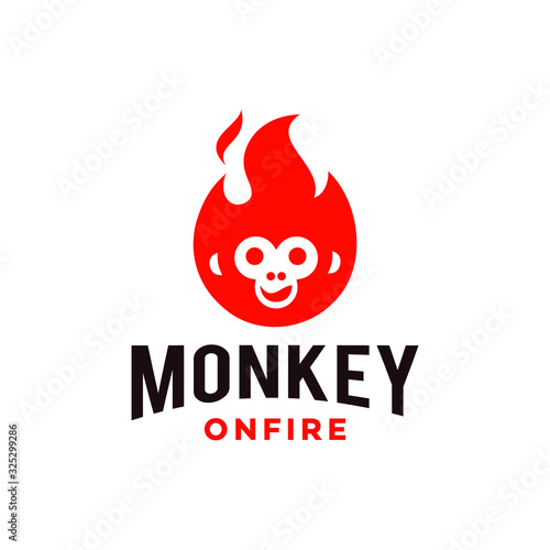 monkey head on red fire hot flame mascot logo icon design vector illustration in modern flat simple minimal style 