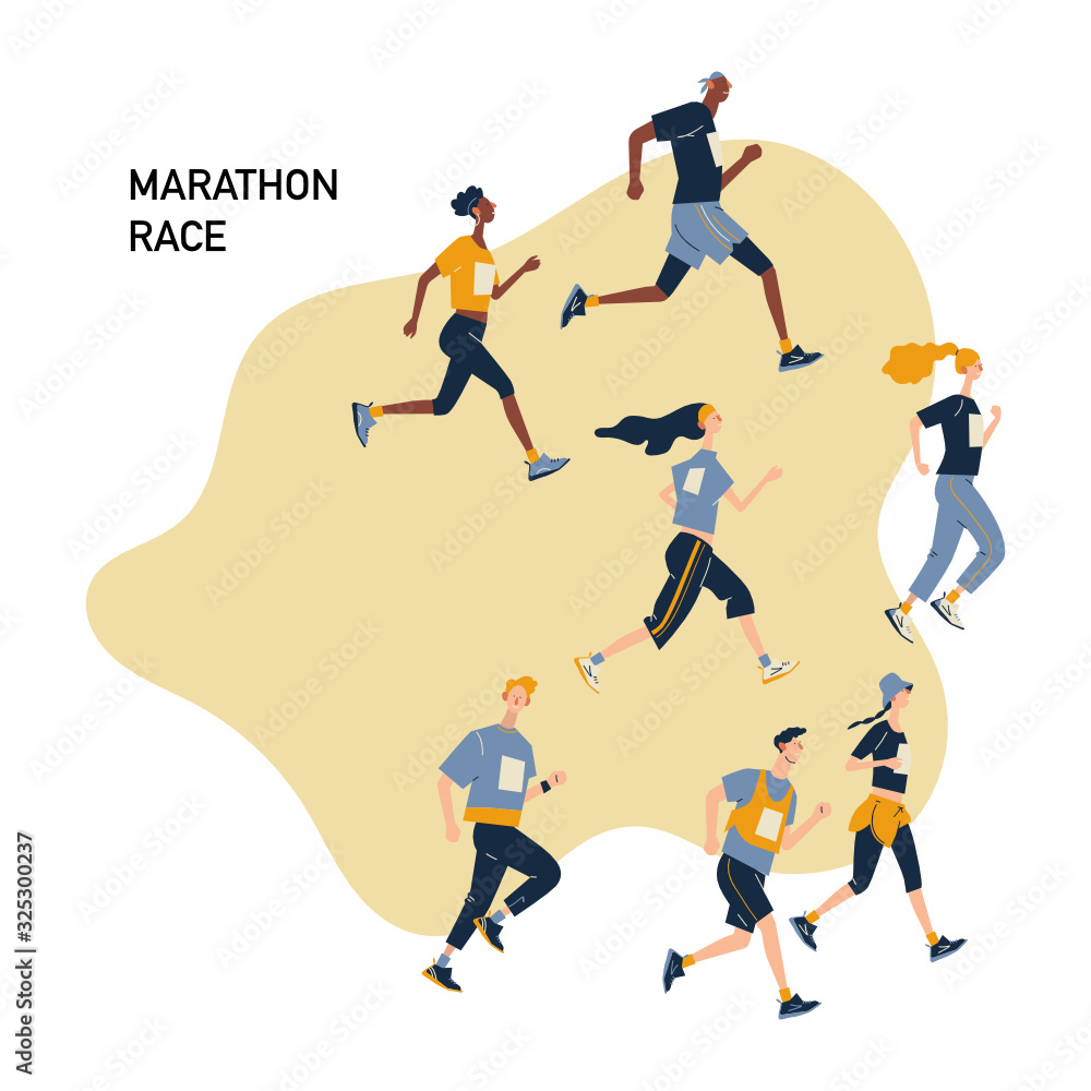 Group of running men and women in sportswear at marathon race. Marathon race, 5k run, sprint. Flat cartoon vector illustration on white background. Creative landing page design template, web banner. Group of running men and women in sportswear at marathon race. Marathon race, 5k run, sprint. Flat cartoon vector illustration on white background. Creative landing page design template, web banner.