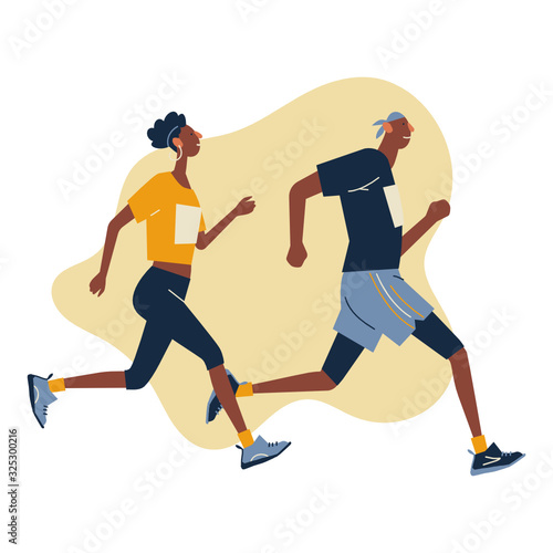 Group of running men and women in sportswear at marathon race.  Marathon race, 5k run, sprint. Flat cartoon vector illustration on white background. Creative landing page design template, web banner.