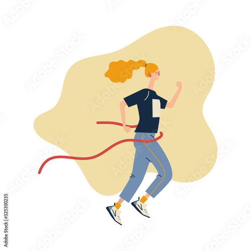 Running woman with Finish ribbon in sportswear at marathon race.  Marathon race, 5k run, sprint. Flat cartoon vector illustration on white background. Creative landing page design template, web banner