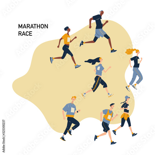 Group of running men and women in sportswear at marathon race.  Marathon race, 5k run, sprint. Flat cartoon vector illustration on white background. Creative landing page design template, web banner.