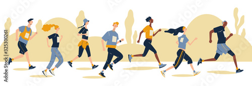 Group of running men and women in sportswear at marathon race.  Marathon race, 5k run, sprint. Flat cartoon vector illustration on white background. Creative landing page design template, web banner.