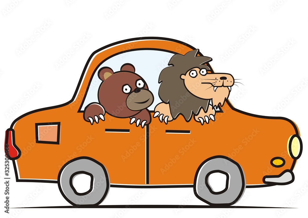 Bear and lion driving car. Funny vector illustration for children. Bear and lion driving car. Funny vector illustration for children.