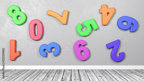 3D Colorful Numbers Against Wall in a Wooden Floor Room