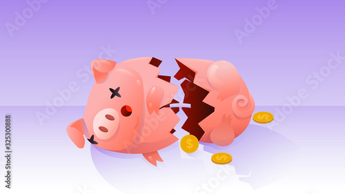 Empty and broken Ceramic Piggy Bank . No savings left