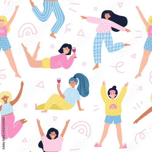 Seamless pattern with happy girls in pajamas. HAnd drawn vector illustration. Cute pattern for wrapping, textile, sleepover party concept.