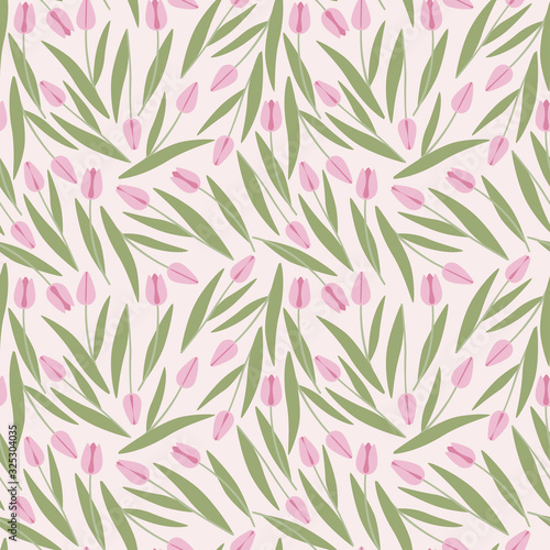 Pink tulips on a white background seamless pattern.