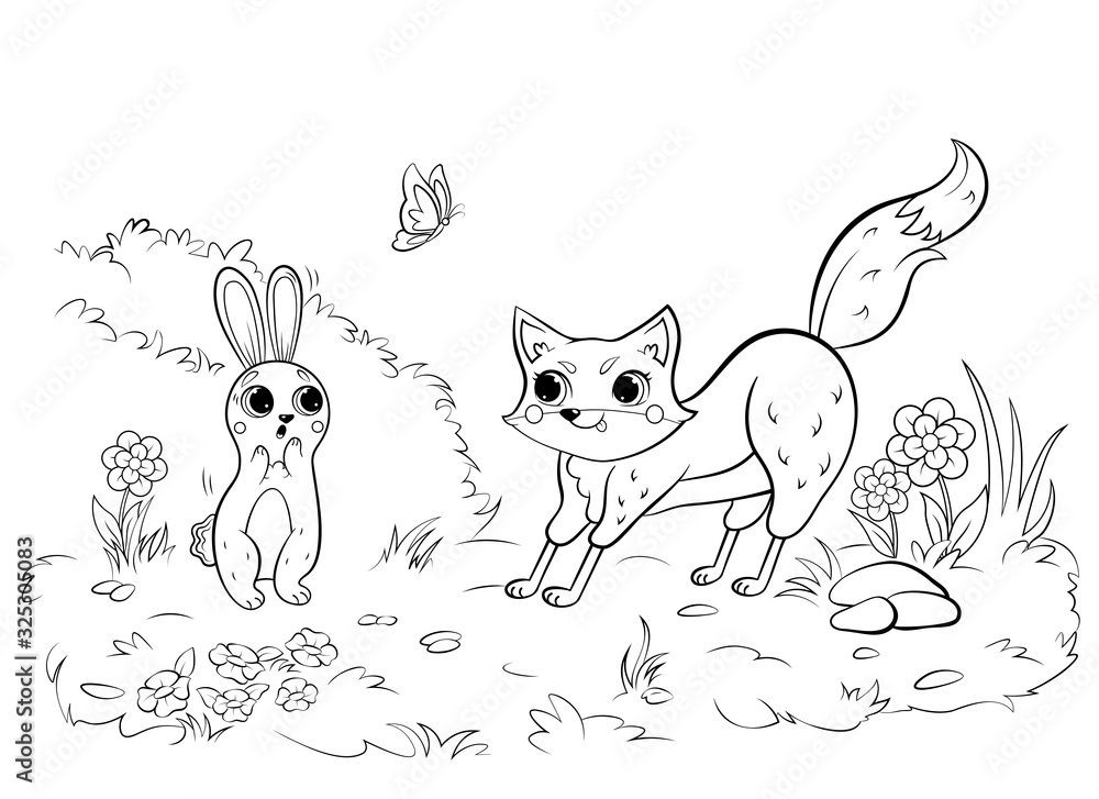 Coloring page outline of cute cartoon fox and hare. Vector image with forest background. Coloring book of forest wild animals for kids Coloring page outline of cute cartoon fox and hare. Vector image with forest background. Coloring book of forest wild animals for kids