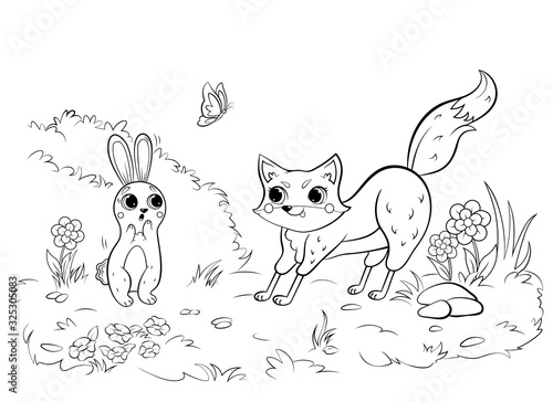 Coloring page outline of cute cartoon fox and hare. Vector image with forest background. Coloring book of forest wild animals for kids