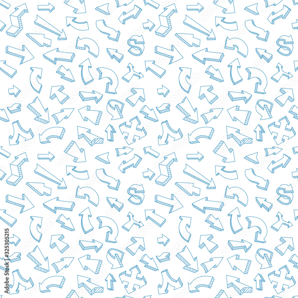 Blue arrow seamless pattern background. Arrows hand draw sketch line. Vector outline contour. Blue arrow seamless pattern background. Arrows hand draw sketch line. Vector outline contour.