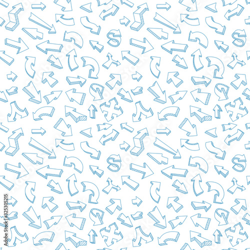 Blue arrow seamless pattern background. Arrows hand draw sketch line. Vector outline contour.