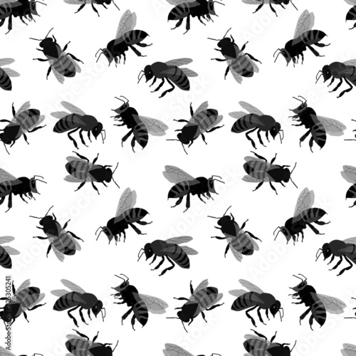 seamless pattern in monochrome gray with bee depictions, wallpaper ornament, wrapping paper © Halyna