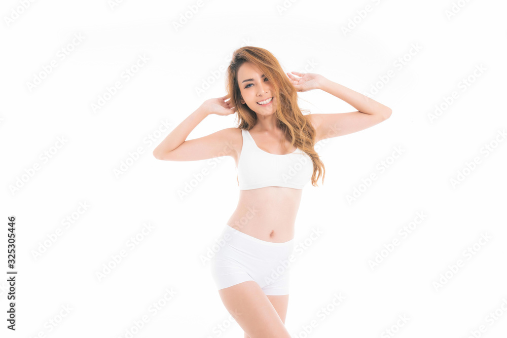 Beautiful fit woman brown long hair slim body wearing white underwear isolated on white background. Beautiful fit woman brown long hair slim body wearing white underwear isolated on white background.