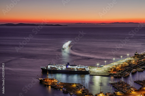 Mykonos new port after sunset