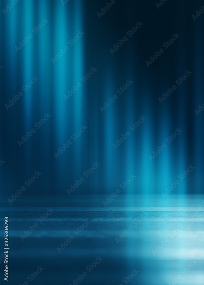 Dark blue abstract futuristic background. Laser neon rays. Neon light, reflection on the asphalt, smoke, smog