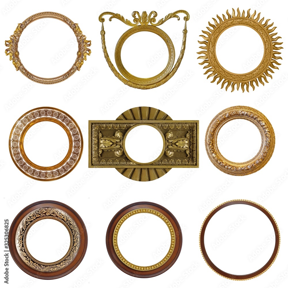 Set of round golden frames (circle) for paintings, mirrors or photos isolated on white background Set of round golden frames (circle) for paintings, mirrors or photos isolated on white background