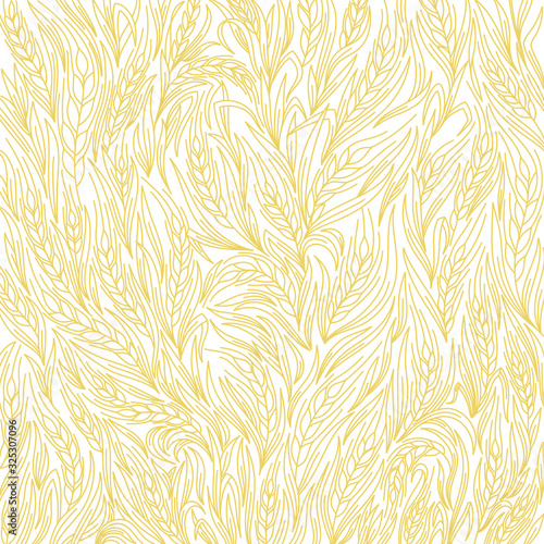 Cereal plant pattern beige color wrapper background. Ears of wheat. Agriculture grain straw. Contour line vector.