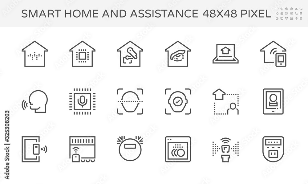 Smart home system and digital technology vector icon set. Consist of voice assistant or recognition, security and automation. To monitoring and control by remote, ai, app in mobile or smartphone. Smart home system and digital technology vector icon set. Consist of voice assistant or recognition, security and automation. To monitoring and control by remote, ai, app in mobile or smartphone.
