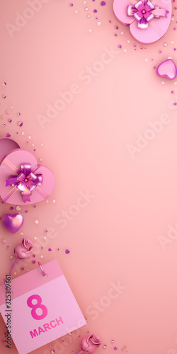 Happy International Women's Day creative greeting card, layout, template, banner, March 8th calendar with heart shape gift box, rose flower and confetti glitter on pink background. 3D illustration.