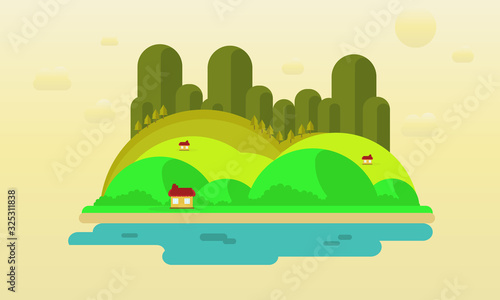 Flat nature mountain peak design with water landscape. Vector illustration. Summer season vacation concept.