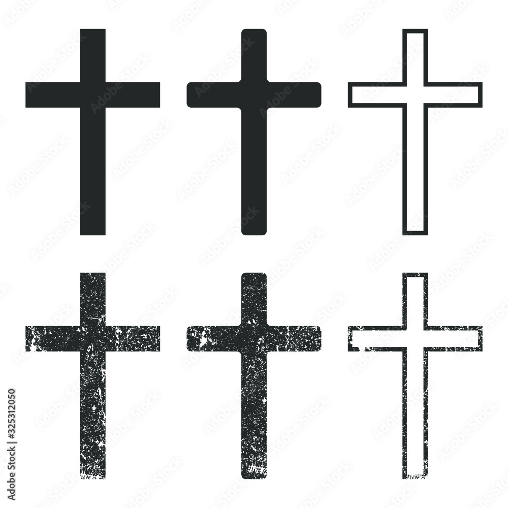 Christian cross icon symbol set. Christianity church grunge logo sign collection. Vector illustration image. Isolated on white background.