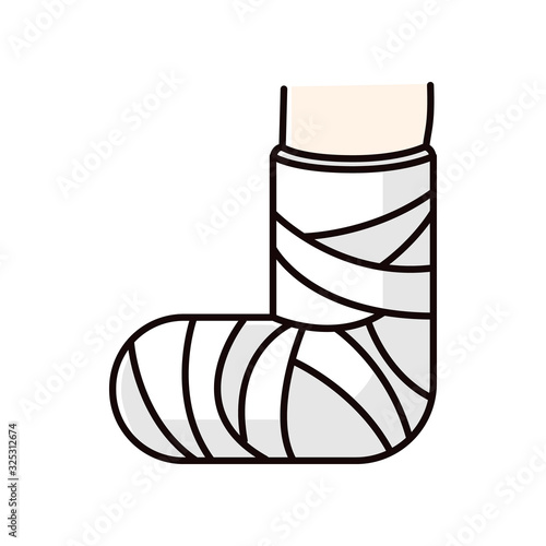 Broken foot RGB color icon. Bone fracture. Injured leg in plaster, bandage. Amputated limb. Accident. Trauma treatment. Hurt joint. Medical condition. Isolated vector illustration