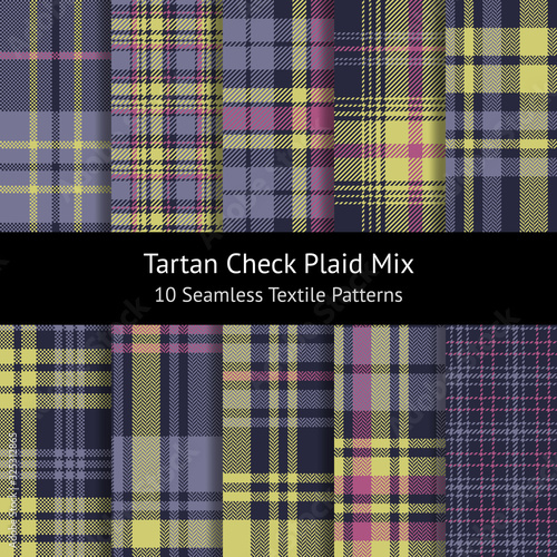 Seamless plaid pattern set. Dark tartan plaid graphics in purple, pink, and green for flannel shirt, blanket, skirt, duvet cover, or other modern autumn and winter textile design.