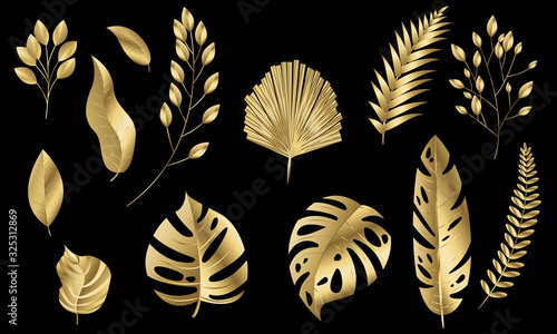 Vector leaves gold set Design banner Spring background. Vector illustration template.